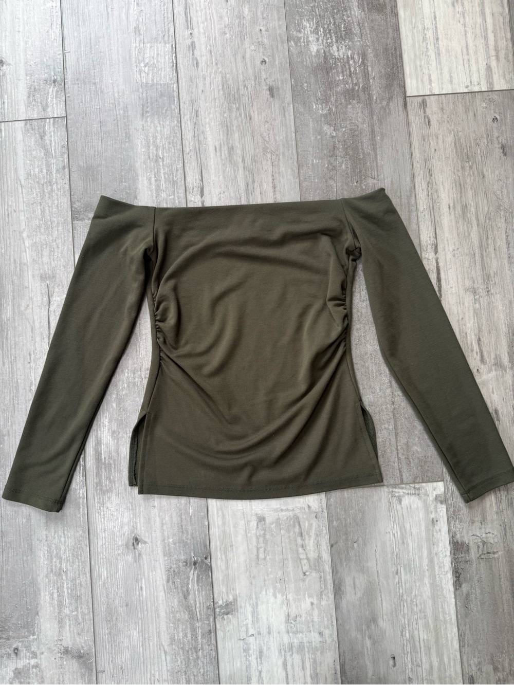 Stradivarius Olive Green Off Shoulder Ruched Top Small Long Sleeve